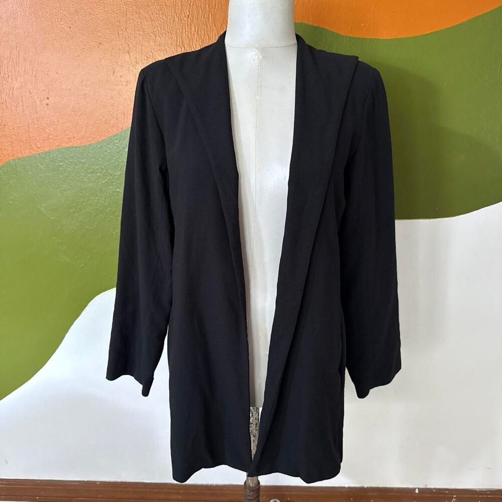 Eileen Fisher Black Wool Open Front Blazer Jacket Medium Minimalist Quiet Luxury